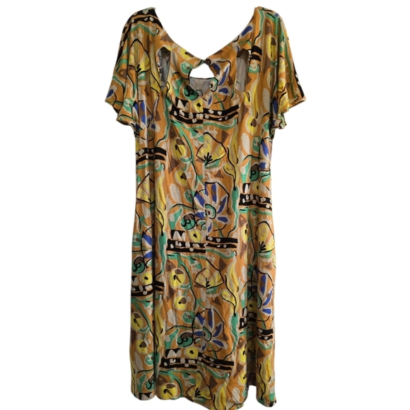 Anthropologie Vanessa Virginia Mina Yellow Print Shift Dress Large Rayon Silk - Picture 6 of 8